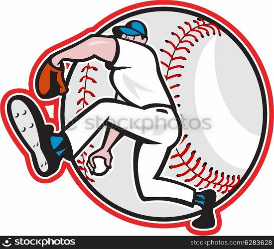 Illustration of an american baseball player pitcher outfielder throwing ball isolated on white background done in cartoon style.. Baseball Pitcher Throw Ball Cartoon