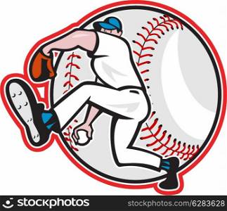 Illustration of an american baseball player pitcher outfielder throwing ball isolated on white background done in cartoon style.. Baseball Pitcher Throw Ball Cartoon
