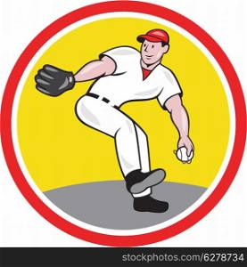 Illustration of an american baseball player pitcher outfilelder throwing ball isolated on white background set inside circle round shape.. Baseball Pitcher Throw Ball Cartoon