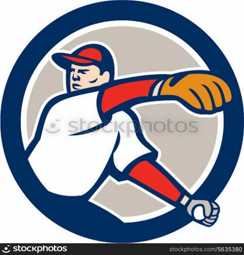 Illustration of an american baseball player pitcher outfilelder throwing ball on isolated background set inside circle done in cartoon style.. Baseball Pitcher Throw Ball Circle Cartoon