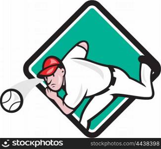 Illustration of an american baseball player pitcher outfilelder throwing ball set inside diamond shape on isolated background done in cartoon style. . Baseball Pitcher Outfielder Throw Ball Diamond Cartoon