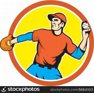 Illustration of an american baseball player pitcher outfilelder throwing ball set inside circle on isolated background done in cartoon style. . Baseball Pitcher Outfielder Throwing Ball Cartoon
