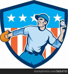 Illustration of an american baseball player pitcher outfilelder throwing ball set inside shield crest with american stars and stripes in the background done in cartoon style. . Baseball Pitcher Throwing Ball Shield Cartoon
