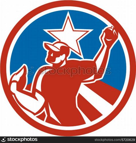 Illustration of an american baseball player pitcher outfilelder throwing ball set inside circle with stars and stripes in the background done in retro style. . Baseball Pitcher Throwing Ball Circle Retro