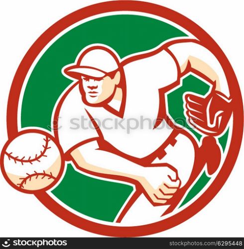 Illustration of an american baseball player pitcher outfilelder throwing ball set inside circle on isolated background done in retro style.