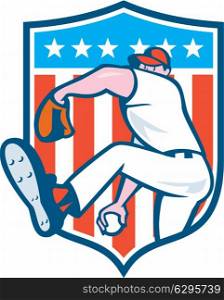Illustration of an american baseball player pitcher outfilelder throwing ball set inside shield crest with american stars and stripes flag in the background done in cartoon style. . Baseball Pitcher Outfielder Throwing Ball Shield Cartoon
