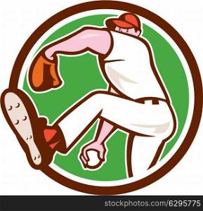 Illustration of an american baseball player pitcher outfilelder throwing ball set inside circle on isolated background done in cartoon style. . Baseball Pitcher Outfielder Throw Ball Circle Cartoon