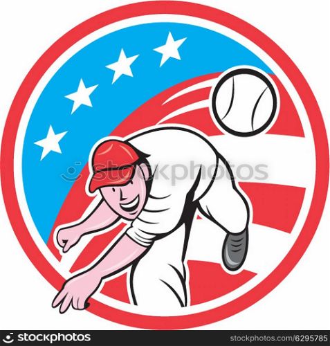 Illustration of an american baseball player pitcher outfilelder throwing ball set inside circle with usa stars and stripes flag in the background done in cartoon style. . Baseball Pitcher Outfielder Throwing Ball Circle Cartoon