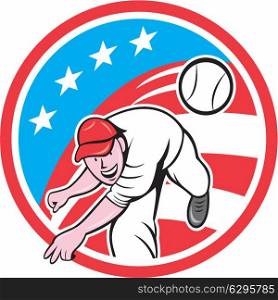 Illustration of an american baseball player pitcher outfilelder throwing ball set inside circle with usa stars and stripes flag in the background done in cartoon style. . Baseball Pitcher Outfielder Throwing Ball Circle Cartoon