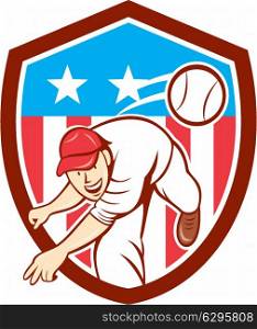 Illustration of an american baseball player pitcher outfilelder throwing ball set inside shield crest with american stars and stripes flag in the background done in cartoon style. . Baseball Pitcher Outfielder Throwing Ball Shield Cartoon