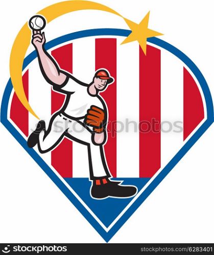 Illustration of an american baseball player pitcher outfilelder throwing ball with star set inside diamond shape with stars and stripes isolated on white background.. American Baseball Pitcher Star