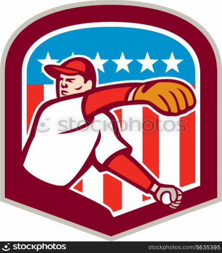 Illustration of an american baseball player pitcher outfilelder throwing ball with stars and stripes american flag in the background set inside shield crest done in cartoon style. . American Baseball Pitcher Throw Ball Shield Cartoon