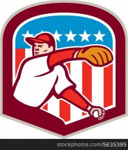 Illustration of an american baseball player pitcher outfilelder throwing ball with stars and stripes american flag in the background set inside shield crest done in cartoon style. . American Baseball Pitcher Throw Ball Shield Cartoon