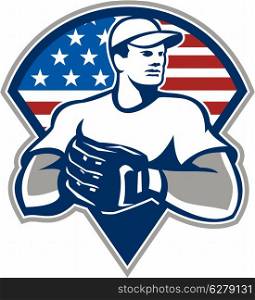 Illustration of an american baseball player pitcher outfilelder with glove set inside triangle with USA stars and stripes flag isolated on white background.. American Baseball Pitcher Gloves Retro