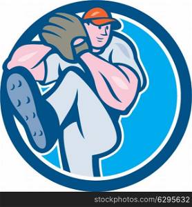 Illustration of an american baseball player pitcher outfilelder with leg up getting ready to throw ball set inside circle on isolated background done in cartoon style. . Baseball Pitcher Outfielder Leg Up Circle Cartoon