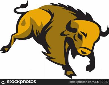 Illustration of an american bison buffalo bull charging facing front set on isolated white background done in retro style. . American Bison Charging Retro