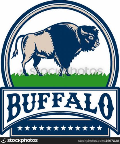 Illustration of an american bison buffalo bull viewed from the side set inside circle and the word Buffalo in a banner with stars done in retro woodcut style. . American Bison Buffallo Banner Circle Woodcut