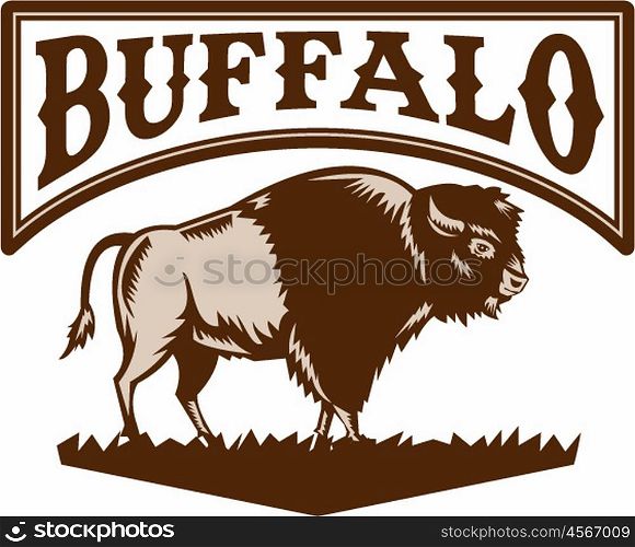 Illustration of an American bison or buffalo viewed from the side set on isolated white background with the word text Buffalo done in retro woodcut style. . Buffalo American Bison Side Woodcut
