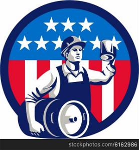 Illustration of an American builder construction worker wearing hardhat holding a beer mug toasting while carrying beer keg set inside circle with USA stars and stripes on isolated white background done in retro style. . American Builder Beer Keg Flag Circle Retro