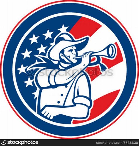 Illustration of an American calvary soldier blowing a bugle set insde circle with USA stars and stripes flag in background done in retro style.. American Cavalry Soldier Blowing Bugle Circle