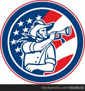 Illustration of an American calvary soldier blowing a bugle set insde circle with USA stars and stripes flag in background done in retro style.. American Cavalry Soldier Blowing Bugle Circle