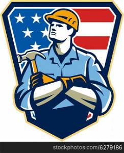 Illustration of an american carpenter builder holding hammer looking up set inside shield great with stars and stripes flag in background. &#xA;