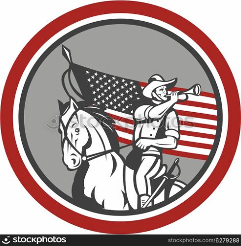 Illustration of an American cavalry soldier riding horse on blowing a bugle set inside circle with USA stars and stripes flag in background done in retro style.. American Cavalry Soldier Blowing Bugle Circle