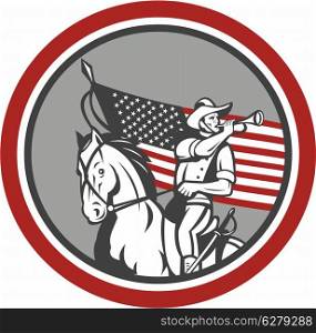 Illustration of an American cavalry soldier riding horse on blowing a bugle set inside circle with USA stars and stripes flag in background done in retro style.. American Cavalry Soldier Blowing Bugle Circle