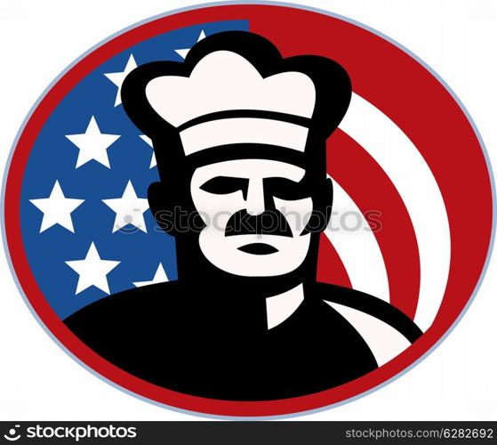 illustration of an American Chef cook baker with stars and stripes set inside a circle. American Chef cook baker with stars and stripes