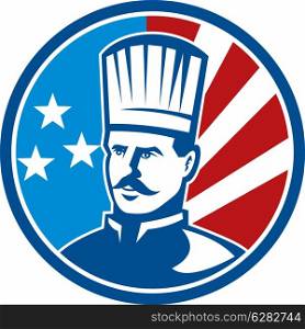 illustration of an American Chef cook baker with stars and stripes set inside a circle. American Chef cook baker with stars and stripes