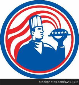 Illustration of an American chef, cook or baker holding serving plate platter of food set inside circle with stars and stripes done in retro style.