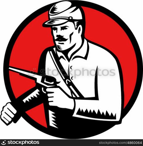 Illustration of an american civil war union soldier holding pistol set on inside circle on isolated background done in retro woodcut style. . Union Soldier With Pistol Circle Woodcut