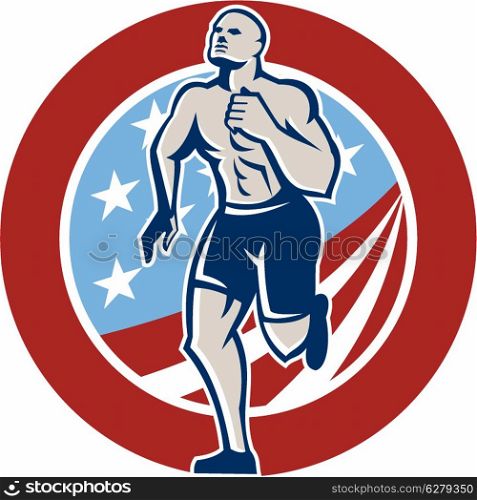 Illustration of an American crossfit marathon runner running facing front set inside circle with stars and stripes flag done in retro style on isolated white background. American Crossfit Runner Running Retro