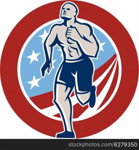 Illustration of an American crossfit marathon runner running facing front set inside circle with stars and stripes flag done in retro style on isolated white background. American Crossfit Runner Running Retro