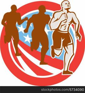 Illustration of an American crossfit marathon runners running facing front set inside circle with stars and stripes flag done in retro style on isolated white background. American Crossfit Runners USA Flag Circle Retro