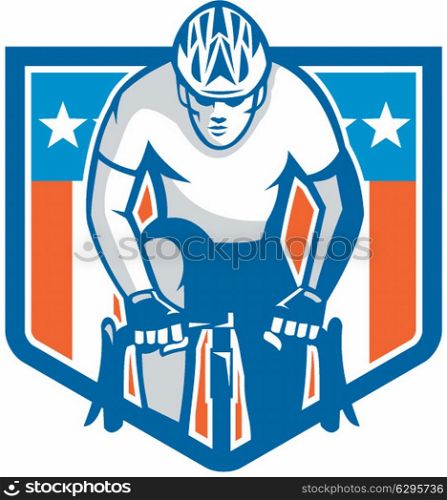 Illustration of an american cyclist riding racing bicycle cycling facing front set inside shield crest with usa stars and stripes flag in the background done in retro style. . American Cyclist Riding Bicycle Cycling Shield Retro
