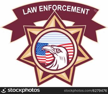 illustration of an American eagle with stars and stripes flag set inside a heptagram seven pointed star on isolated white background with words law enforcement&#xA;