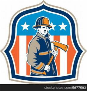 Illustration of an american fireman fire fighter emergency worker holding a fire axe viewed from front set inside shield crest with american stars and stripes flag in the background done in retro style.. American Fireman Firefighter Fire Axe Shield