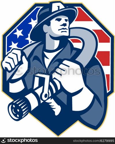 Illustration of an American fireman fire fighter emergency worker slinging a fire hose on shoulder set inside shield with USA stars and stripes flag done in retro style.. American Fireman Fire-fighter Fire Hose Retro