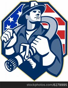 Illustration of an American fireman fire fighter emergency worker slinging a fire hose on shoulder set inside shield with USA stars and stripes flag done in retro style.. American Fireman Fire-fighter Fire Hose Retro