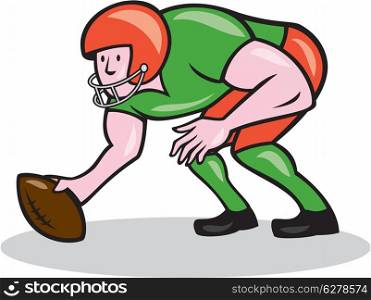 Illustration of an american football gridiron player center squatting ready to snap facing side on isolated background done in cartoon style.. American Football Center Snap Side Cartoon