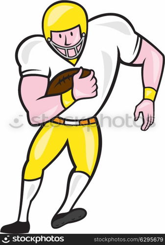 Illustration of an american football gridiron player fullback holding ball viewed from front set on isolated white background done in cartoon style.. American Football Fullback Front Retro