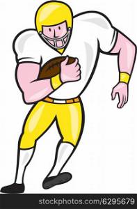 Illustration of an american football gridiron player fullback holding ball viewed from front set on isolated white background done in cartoon style.. American Football Fullback Front Retro