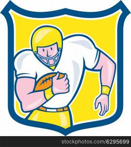 Illustration of an american football gridiron player fullback holding ball viewed from front set inside shield on isolated background done in cartoon style.. American Football Fullback Shield Retro