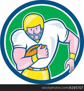 Illustration of an american football gridiron player fullback holding ball viewed from front set inside circle on isolated background done in cartoon style.. American Football Fullback Circle Retro
