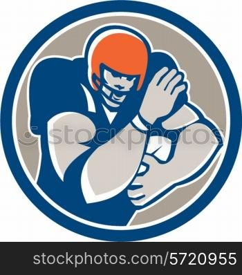 Illustration of an american football gridiron player holding ball fending off defend set inside circle on isolated background done in retro style. . American Football Player Fend Off Circle Retro