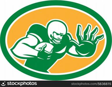 Illustration of an american football gridiron player holding ball fending off stiff arm defend set inside oval on isolated background done in retro style. . American Football Player Fend Off Oval Retro