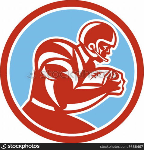 Illustration of an american football gridiron player holding ball running rushing viewed from the side set inside circle on isolated background done in retro style. . American Football Player Running Circle Retro