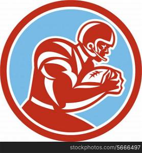 Illustration of an american football gridiron player holding ball running rushing viewed from the side set inside circle on isolated background done in retro style. . American Football Player Running Circle Retro