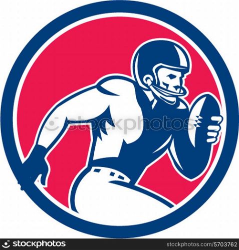 Illustration of an american football gridiron player holding ball running rushing viewed from the side set inside circle on isolated background done in retro style. . American Football Player Running Circle Retro